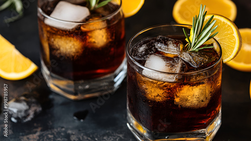 two glasses of Cuba Libre cocktail with ice cubes and lemon on bar counter, Mixed drinks on counter. Whiskey-cola, cuba libre cold drinks with rosemary and orange slices