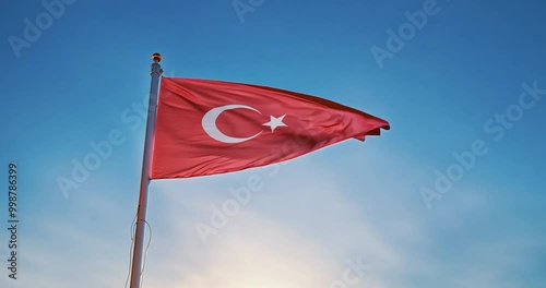 flag of turkey flying with blue sky background