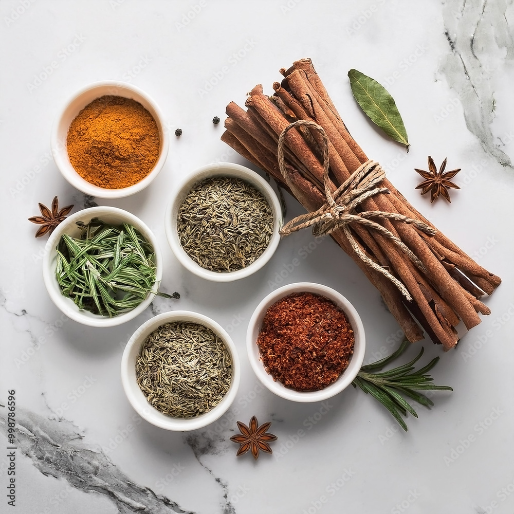 Spice bundle on white marble background Spice bundle on white marble background