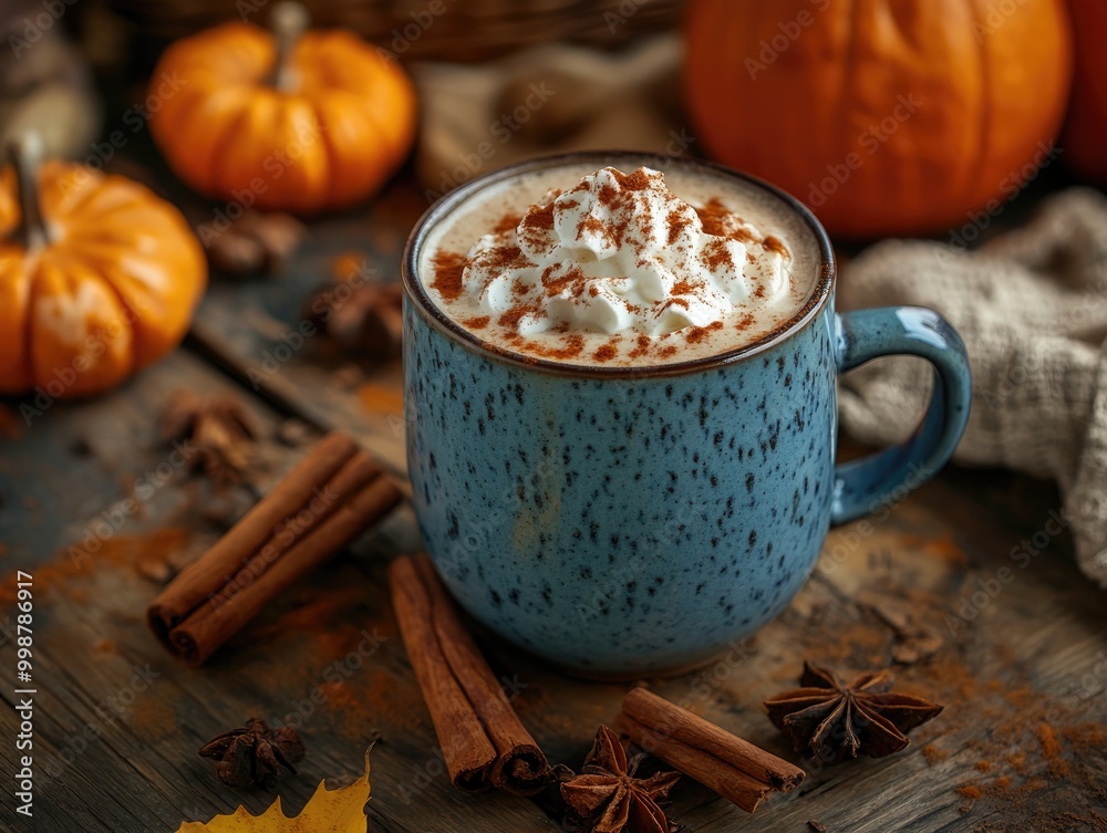 Pumpkin Latte with Spices and Cinnamon on Rustic Table Pumpkin Latte with Spices and Cinnamon on Rustic Table