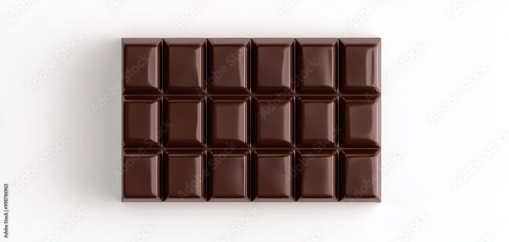 Chocolate bar with square segments, smooth texture, top-down view, hyper-realistic 3D illustration, isolated on white background Chocolate bar with square segments, smooth texture, top-down view, hyper-realistic 3D illustration, isolated on white background