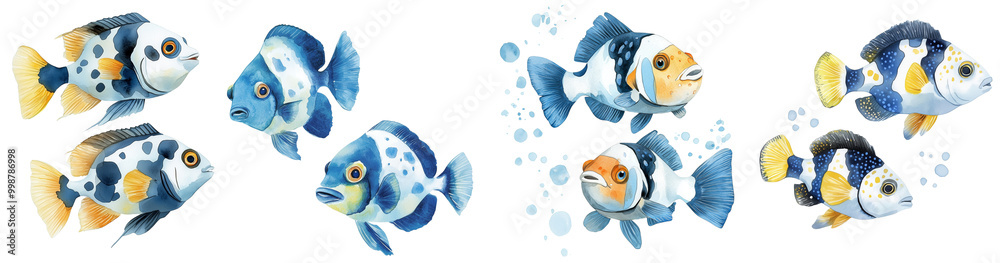 Fototapeta premium Colorful Cartoon Fish Illustrations for Aquatic Themes, isolated on transparent background.