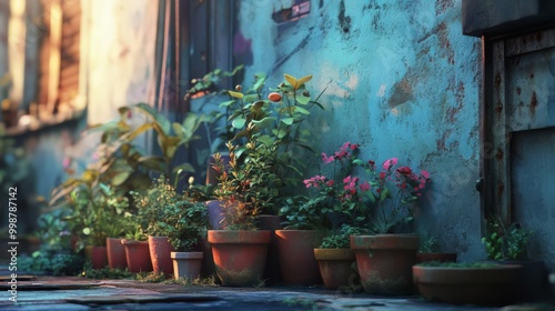 A vibrant collection of potted plants against a textured wall, showcasing nature's beauty in an urban setting.