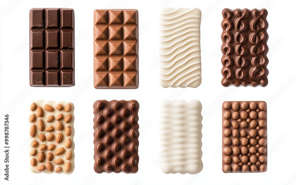 Collection of chocolate bars arranged in a geometric pattern, showcasing different flavors and textures, from smooth milk to nut-studded varieties Collection of chocolate bars arranged in a geometric pattern, showcasing different flavors and textures, from smooth milk to nut-studded varieties