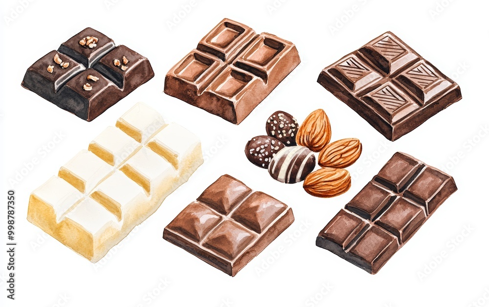 Collection of chocolate bars arranged in a geometric pattern, showcasing different flavors and textures, from smooth milk to nut-studded varieties Collection of chocolate bars arranged in a geometric pattern, showcasing different flavors and textures, from smooth milk to nut-studded varieties