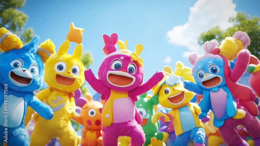 Fototapeta premium Colorful and cheerful plush toys celebrating happiness in a vibrant outdoor setting, perfect for playful and joyful themes.
