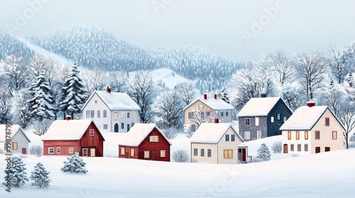 Charming winter village with snow-covered houses and trees.