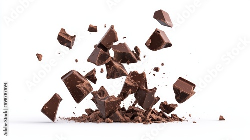 Falling chocolate chunks, dynamic action shot, high-detail 3D illustration, realistic textures, isolated on white background