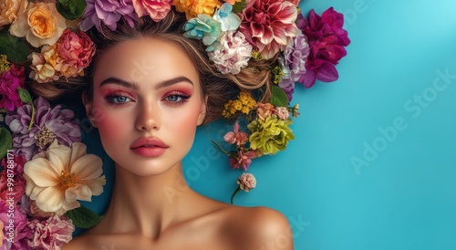 Beautiful woman with flowers in her hair, with a background of various colors and large, colorful flower heads on her head with a blue background.  photo