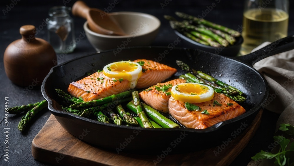 Close-up of cooked salmon with asparagus and lemon on wooden board Close-up of cooked salmon with asparagus and lemon on wooden board