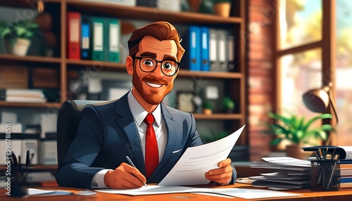 Confident businessman joyfully reviewing documents at a vibrant desk, embodying professionalism and cheerfulness photo