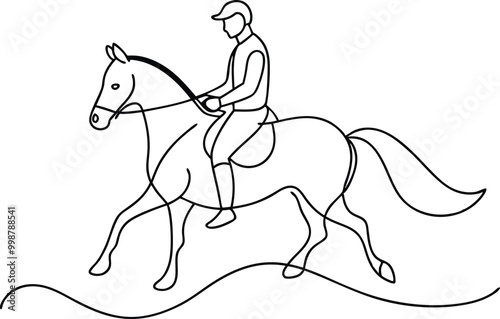 continuous line art drawing style horse rider, equestrian sports line art, galloping horse rider, horse racing vector illustration