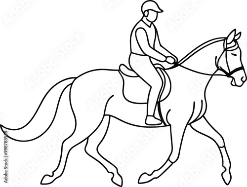 continuous line art drawing style horse rider, equestrian sports line art, galloping horse rider, horse racing vector illustration