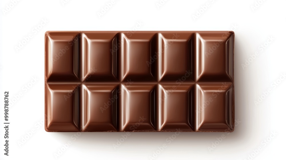Obraz premium Full chocolate bar, precise rectangular segments, high-gloss finish, realistic texture, isolated on white background