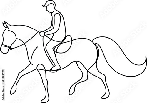 continuous line art drawing style horse rider, equestrian sports line art, galloping horse rider, horse racing vector illustration