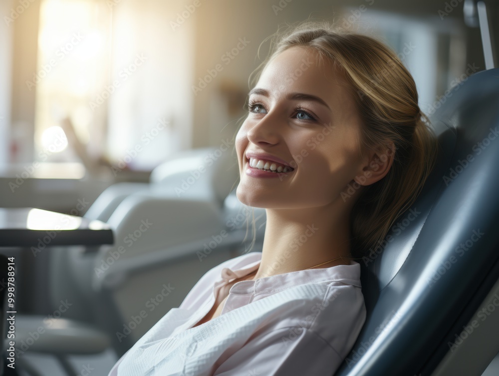 A woman has a bright smile on her face while sitting in a dental chair A woman has a bright smile on her face while sitting in a dental chair