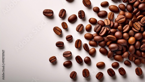 coffee beans scattered on a light background with space for text