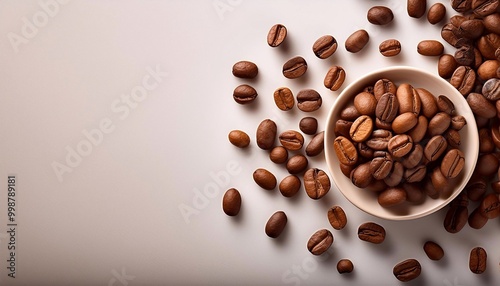coffee beans scattered on a light background with space for text