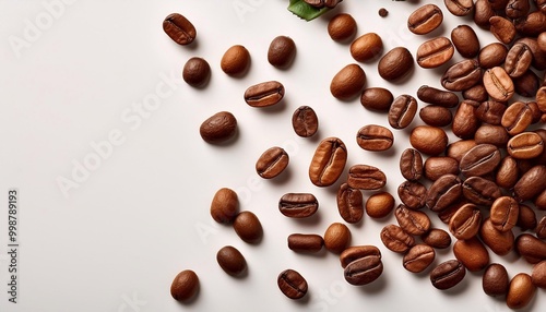 coffee beans scattered on a light background with space for text
