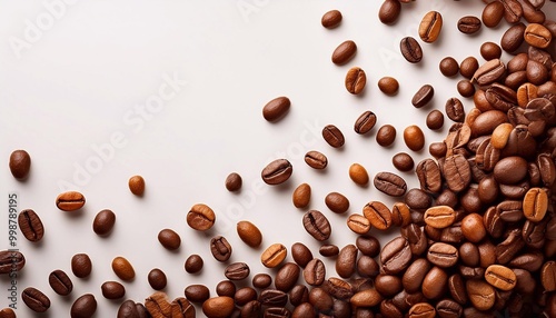 coffee beans scattered on a light background with space for text