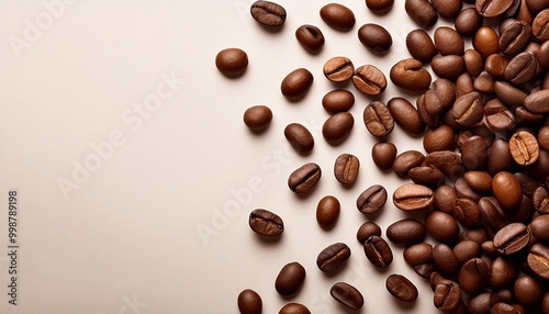 coffee beans scattered on a light background with space for text