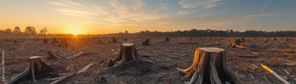 A deforested landscape, tree stumps scattered across barren land, with a fading sunset, captured from a highangle perspective to illustrate the devastating environmental impact A deforested landscape, tree stumps scattered across barren land, with a fading sunset, captured from a highangle perspective to illustrate the devastating environmental impact