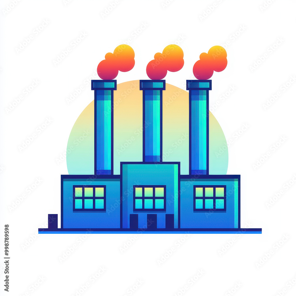 Obraz premium A vibrant illustration of an industrial factory with smoke stacks, symbolizing energy production and manufacturing.