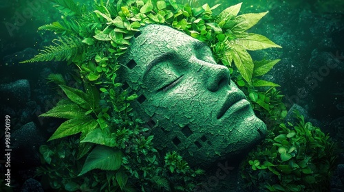 Serene stone face encased in lush green leaves underwater. photo