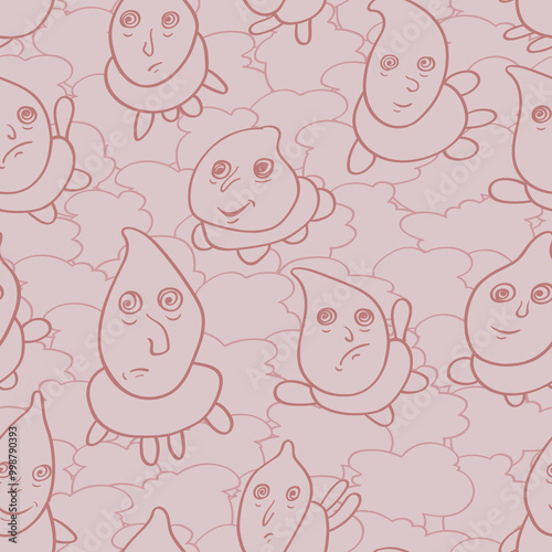 Seamless background with funny faces of anthropomorphic creatures. Humorous characters with different emotions