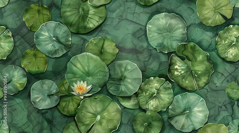 A serene pond covered with vibrant green lily pads and a single blooming water lily, reflecting tranquility and nature's beauty. A serene pond covered with vibrant green lily pads and a single blooming water lily, reflecting tranquility and nature's beauty.