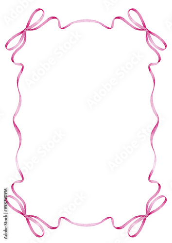 Watercolor pink ribbon border with bows isolated on white background. Frame design for greeting card, invitation, poster, banner, and postcard. Hand drawn illustration