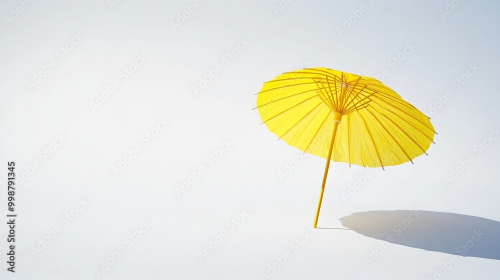 A yellow cocktail umbrella stands alone against a pure white background. Its vibrant hue and cheerful design add a touch of whimsy to the otherwise stark surroundings A yellow cocktail umbrella stands alone against a pure white background. Its vibrant hue and cheerful design add a touch of whimsy to the otherwise stark surroundings