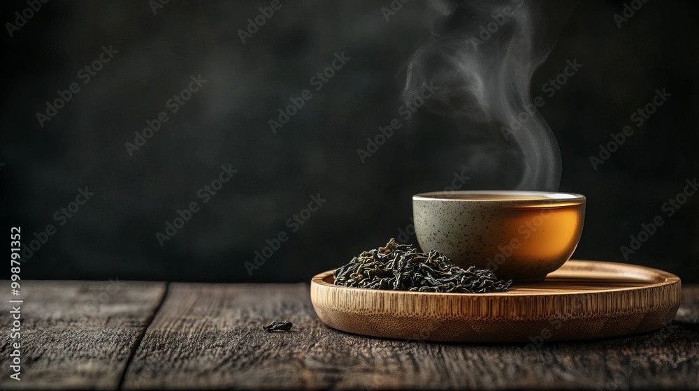 A wooden table holds a wooden plate, upon which rests a steaming cup of tea and a pile of dried tea leaves. The dark black background contrasts with the light-colored tea set A wooden table holds a wooden plate, upon which rests a steaming cup of tea and a pile of dried tea leaves. The dark black background contrasts with the light-colored tea set