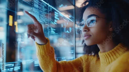 Close-up view of diverse students collaborating, main student in yellow sweater looking at interactive holographic AI display, peer student pointing at specific part of hologram causing it to expand