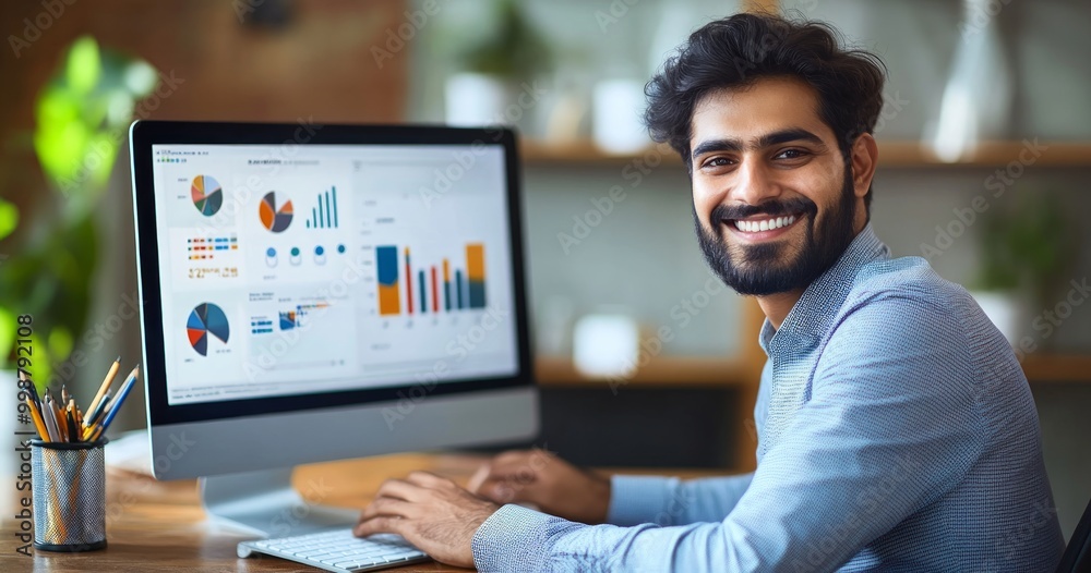 businessman working on a computer with a graph and chart at the office, depicting a business data analysis concept. businessman working on a computer with a graph and chart at the office, depicting a business data analysis concept.