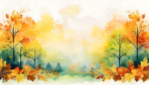 Tranquil autumn landscape featuring vibrant watercolor trees and soft hues of orange, yellow, and green in a serene natural setting. Generative AI