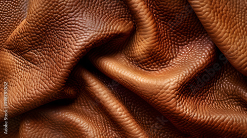 Examine the intricate details of the brown leather fabric, revealing its luxurious texture and graceful wrinkles. Perfect for design projects that crave a hint of opulence