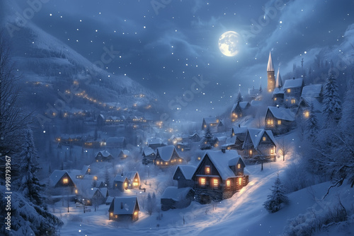 Festive Winter Night Village