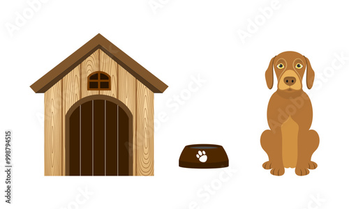 pet dog and wooden dog house set vector illustration isolated on white background.