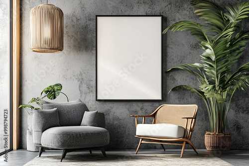 3D Render of a Mockup Poster Frame in a Close-Up View Against a Contemporary Interior Background photo