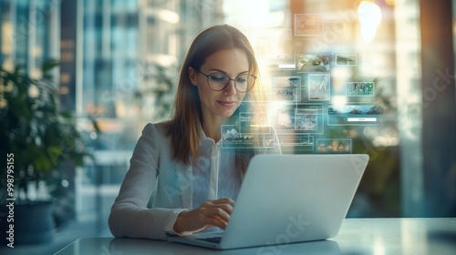 Free Download Beautiful professional business woman sitting at the table Smile while reading important documents with financial graphs and modular design. She wore a simple outfit.  - GFXLoad