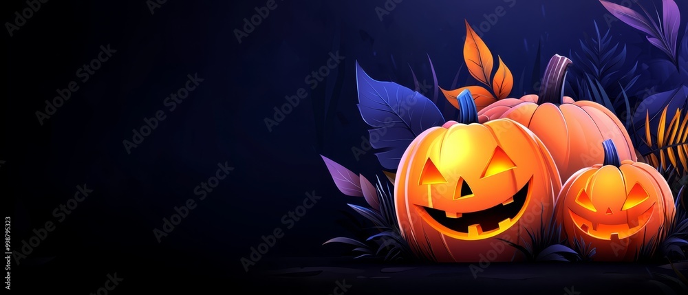  Two jack-o-lantern pumpkins atop a mound of leaves against a backdrop of a black night, a full moon glowing in the distance