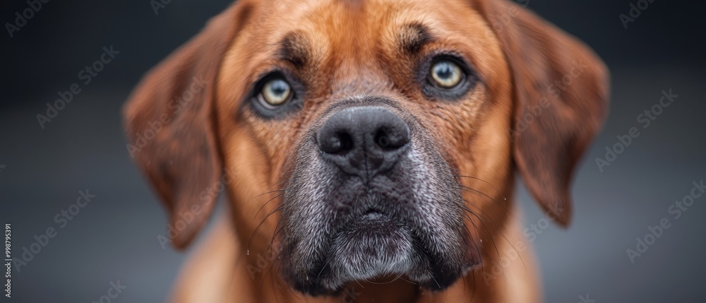  A tight shot of a canine's expressive face gazing at the camera, conveying a sorrowful expression