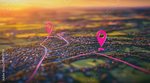 Two pink location pins on a map with a route connecting them in a rural setting with fields, roads, and buildings at sunset.
