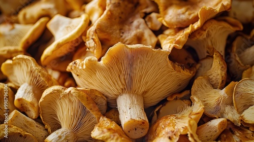 A macro shot of freshly picked wild mushrooms, like chanterelles and oyster mushrooms, showcasing their gills and earthy textures. Natural imperfections and dirt add to their foraged look