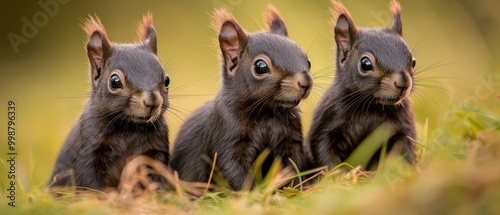  Three baby squirrels seated together on a grass-covered field