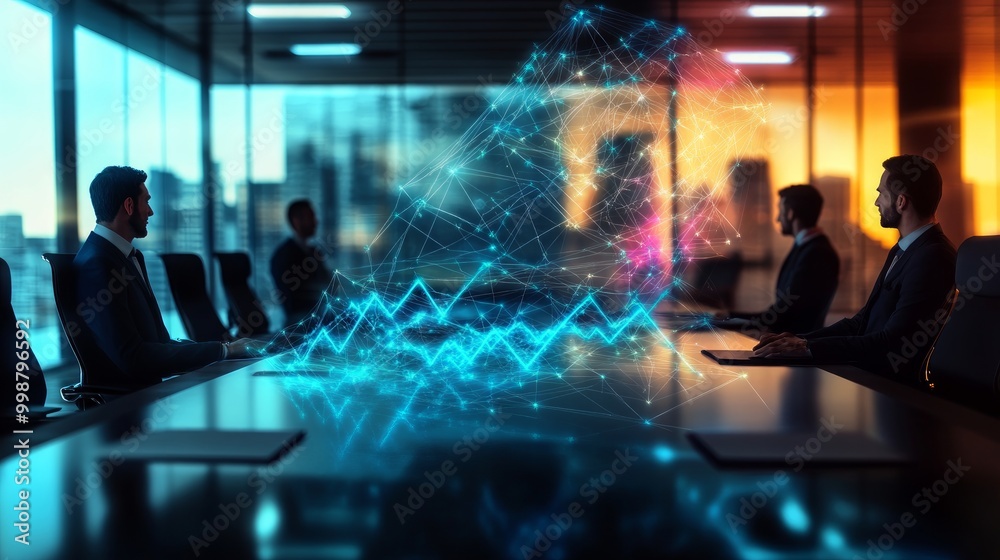 a business person convincing a boardroom to adopt a practice with abstract technology strings in the background a business person convincing a boardroom to adopt a practice with abstract technology strings in the background