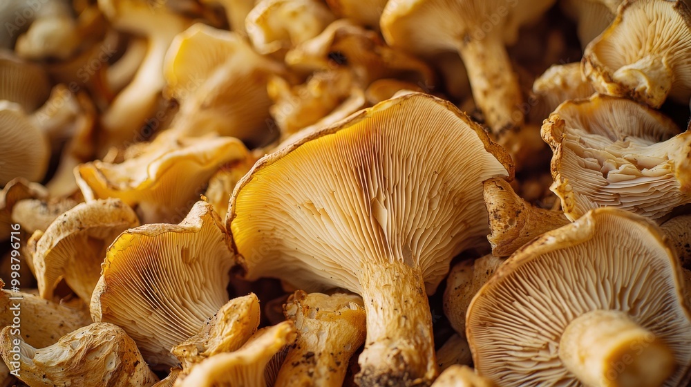 A macro shot of freshly picked wild mushrooms, like chanterelles and oyster mushrooms, showcasing their gills and earthy textures. Natural imperfections and dirt add to their foraged look A macro shot of freshly picked wild mushrooms, like chanterelles and oyster mushrooms, showcasing their gills and earthy textures. Natural imperfections and dirt add to their foraged look