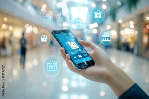 A person uses a smartphone amidst a vibrant, futuristic cityscape, with holographic data overlays highlighting technology and connectivity.