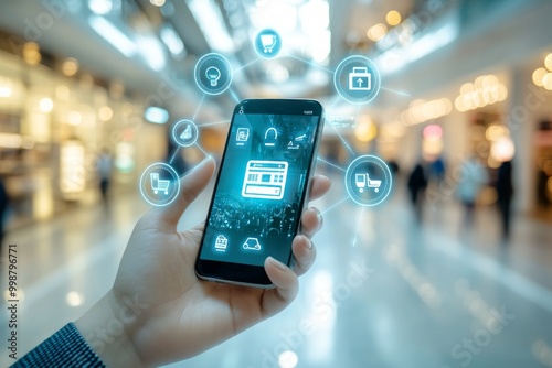 A person uses a smartphone amidst a vibrant, futuristic cityscape, with holographic data overlays highlighting technology and connectivity.